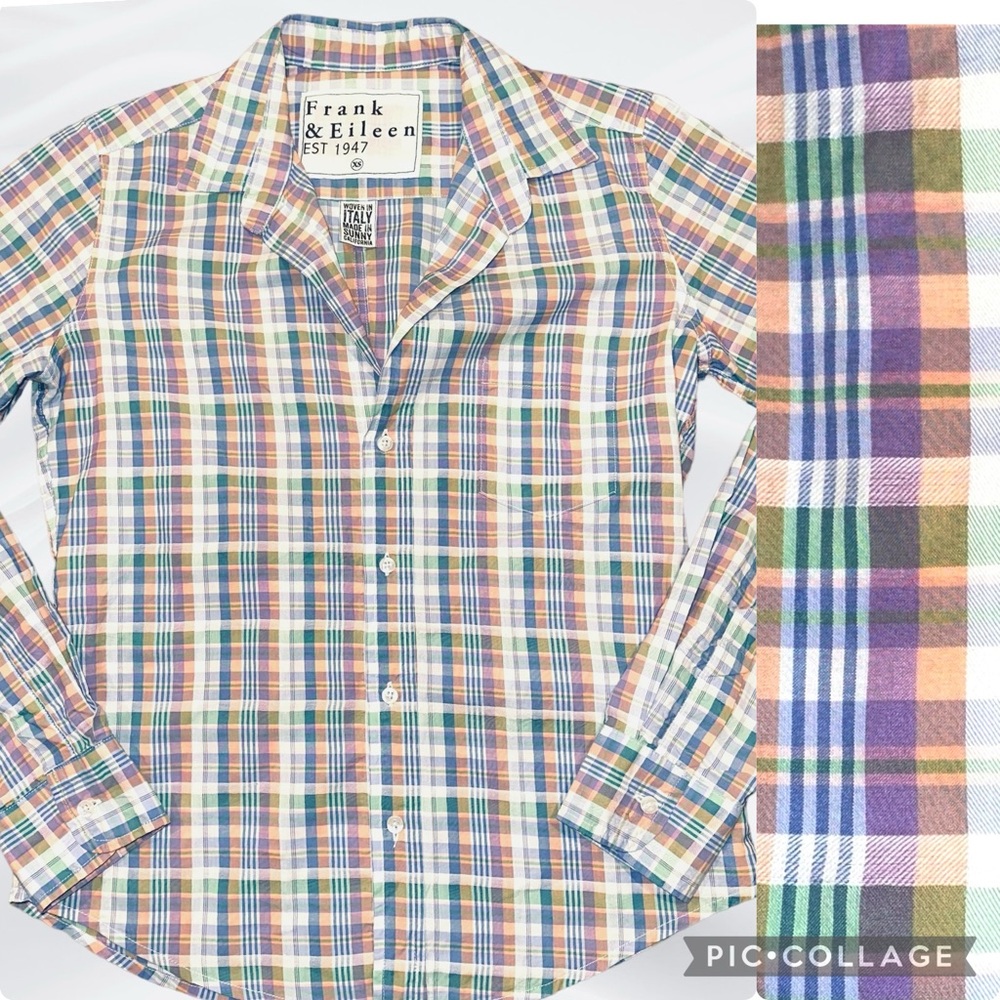 Frank & Eileen Barry Button Down Shirt Blue‎ Purple Peach White Plaid Size XS